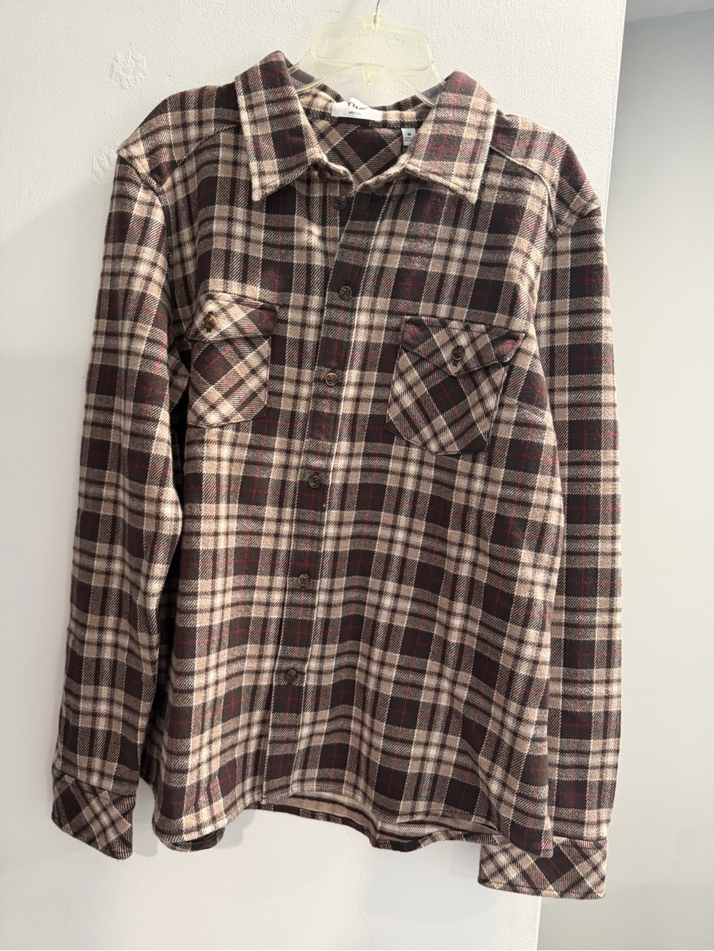 Aritzia Plaid Button-Up Shirt Jacket in Brown, Cream & Burgundy